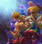  4boys alex_(street_fighter) arm_guards biceps black_hair blonde_hair boxing_gloves capcom dark_skin downscaled eyebrows eyepatch fighting_stance fingerless_gloves forehead_jewel formal gloves guile han_juri headband highres hood ibuki_(street_fighter) jean-baptiste_nanteau kunai m_bison md5_mismatch military military_uniform multiple_boys multiple_girls muscle ponytail resized school_uniform shirtless sleeves_rolled_up street_fighter street_fighter_v suit sunglasses suspenders thick_eyebrows uniform urien weapon white_hair 