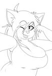  anthro big_breasts breasts cleavage clothed clothing feline female foxx.dott fur hair huge_breasts looking_at_viewer mammal one_eye_closed simple_background smile solo 