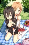  asuna_(sao) bangs bare_shoulders black_eyes black_hair black_jacket blanket blush breast_grab breast_hold breasts breasts_outside brown_eyes brown_hair commentary_request detached_sleeves food genderswap genderswap_(mtf) gingham gloves grabbing grabbing_from_behind grass groping hair_between_eyes highres jacket kirito kirito_(sao-ggo) long_hair long_sleeves medium_breasts miniskirt multiple_girls nervous nipples no_bra nose_blush obentou open_clothes open_jacket open_mouth outdoors picnic plant reach-around red_skirt sitting skirt sleeveless smile sunlight sword_art_online thighhighs tianya_beiming wariza wavy_mouth weapon white_legwear yuri 