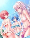  3girls adjusting_swimsuit ahsiu arched_back ass bangs blue_eyes blue_hair blue_sky braid butt_crack cleavage crown_braid emilia_(re:zero) frilled_bikini hair_over_one_eye in_water large_breasts long_hair looking_at_viewer pink_hair pointy_ears purple_eyes ram_(re:zero) re:zero_kara_hajimeru_isekai_seikatsu red_bikini red_eyes rem_(re:zero) sarong short_hair silver_hair standing striped_bikini striped_swimsuit swimsuit tied_hair water x_hair_ornament 