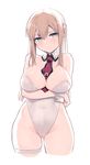  alternate_costume ass_visible_through_thighs between_breasts blonde_hair blue_eyes blush breast_hold breasts cowboy_shot graf_zeppelin_(kantai_collection) hair_between_eyes highleg highleg_leotard highres kantai_collection kylin large_breasts leotard long_hair looking_at_viewer necktie necktie_between_breasts no_hat no_headwear playboy_bunny_leotard serious simple_background solo thighs twintails white_background white_legwear 