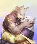  2015 5_fingers anthro band-aid bandage bear biceps black_nose canine clothed clothing digital_media_(artwork) duo embrace eyes_closed firefighter firefighter_uniform fur gradient_background grey_fur inner_ear_fluff kissing male male/male mammal multicolored_fur muscular muscular_male polar_bear police police_uniform raccoon21 romantic_couple scar signature simple_background tan_fur two_tone_fur uniform white_fur wolf 