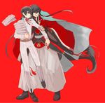  black_hair blue_eyes braid clenched_teeth finger_to_mouth full_body furutachirikonbu hakama horikawa_kunihiro izumi-no-kami_kanesada japanese_clothes long_hair male_focus multiple_boys open_mouth ribbon side_braid teeth touken_ranbu towel very_long_hair 