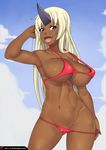  2016 areola big_breasts bikini blonde_hair breasts brown_nipples clothing cloud dark_skin female hair horn humanoid long_hair looking_at_viewer nipples ogre open_mouth panties red_eyes sky smile solo standing swimsuit teeth tionishia_(monster_musume) tongue ttrop underwear undressing 