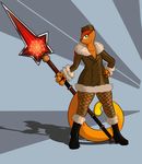 ambiguous_gender chameleon clothed clothing cosplay fishnet fishnet_legwear girly green_eyes kons legwear lizard melee_weapon polearm reptile scalie sev solo standing weapon 
