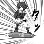  akiyama_yukari arms_behind_back bad_id bad_pixiv_id bangs boots cross-laced_footwear dragon_ball dragon_ball_(classic) english girls_und_panzer greyscale jacket long_sleeves messy_hair military military_uniform miniskirt monochrome motion_lines ooarai_military_uniform parody pleated_skirt short_hair skirt sky_surfing socks solo sweatdrop tank_shell tao_pai_pai thomas_hewitt uniform 