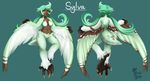  avian breasts brown_feathers brown_skin claws feathered_wings feathers female green_feathers green_hair hair harpy model_sheet pink_eyes solo sylva_(kyvinna) white_feathers wings witchofavalon 