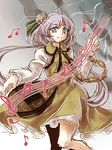  beamed_eighth_notes biwa_lute chain dress eighth_note flower hair_flower hair_ornament half_note instrument lavender_eyes lavender_hair lightning long_hair low_twintails lute_(instrument) musical_note namuko quarter_note solo staff_(music) touhou treble_clef tsukumo_benben twintails 