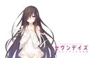  bandage_over_one_eye bare_shoulders black_hair blush closed_mouth collarbone copyright_name english eyebrows eyebrows_visible_through_hair hair_over_one_eye hands_on_own_chest highres long_hair looking_at_viewer mikanagi_chiyako miko_92 off_shoulder official_art own_hands_together pink_eyes seven_days_~anata_to_sugosu_nanokakan~ shirt sleeves_past_wrists smile solo strap_slip very_long_hair wallpaper white_background white_shirt 