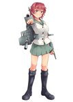  aiming_at_viewer black_footwear boots commentary_request full_body grin kakiha_makoto kantai_collection kinu_(kantai_collection) knee_boots looking_at_viewer red_eyes red_hair school_uniform short_hair simple_background skirt smile solo standing white_background 