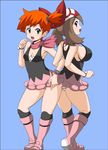  ass boots breasts cosplay gym_leader haruka_(pokemon) hat highres hikari_(pokemon) hikari_(pokemon)_(cosplay) kasumi_(pokemon) koutarosu large_breasts multiple_girls orange_hair panties pink_footwear pokemon pokemon_(anime) scarf short_hair side_ponytail skirt smile thighhighs underwear 