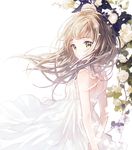  arms_behind_back artist_name back bare_arms brown_hair cowboy_shot dress flower from_side gomzi hands_together long_hair looking_at_viewer original outdoors rose smile solo sundress tareme white_dress yellow_eyes 