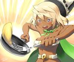  +_+ 1girl alternate_hair_color alternate_hair_length arc_system_works bare_shoulders belt belt_bra blonde_hair breasts cape cleavage cooking dark_skin frying_pan guilty_gear hat neck_ribbon omurice open_mouth ramlethal_valentine red_eyes spatula sweatdrop yellow_background zaki_(narashigeo) 