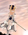  absurdres ahoge armor armored_dress artoria_pendragon_(all) bad_id bad_pixiv_id banned_artist bare_back black_ribbon blonde_hair blue_eyes fate/stay_night fate/unlimited_codes fate_(series) hair_ribbon highres holding holding_sword holding_weapon long_hair outdoors ponytail ribbon saber saber_lily solo sword weapon yukiha_kanade 