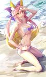  animal_ears beach bikini fate/extra fate/extra_ccc fate_(series) fox_ears fox_tail full_body highres long_hair multiple_tails ocean open_mouth pink_hair solo swimsuit tail tamamo_(fate)_(all) tamamo_no_mae_(fate) yinzhang 