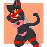  2016 black_fur black_nose bra breasts cat cleavage clothed clothing feline female fur hands_behind_head hi_res kloudmutt litten looking_at_viewer mammal navel nintendo panties pok&eacute;mon pok&eacute;morph pole red_eyes red_fur smile solo stripes teeth underwear video_games wide_hips 