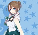  alternate_costume alternate_hairstyle bag blue_background blue_eyes breasts brown_hair cleavage commentary_request eyebrows eyebrows_visible_through_hair hair_ornament highres kantai_collection looking_to_the_side maya_(kantai_collection) medium_breasts open_mouth school_bag school_uniform short_hair solo star starry_background tebi_(tbd11) x_hair_ornament 