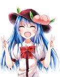  :d ^_^ blue_hair bow closed_eyes double_v food fruit hat hinanawi_tenshi leaf open_mouth peach puffy_sleeves re-ka short_sleeves smile solo touhou upper_body v |d 