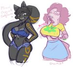  &lt;3 big_breasts black_fur blush breast_expansion breasts brown_eyes clothed clothing crop_top ethriol eyewear female freckles fur glasses hair luxe nipples open_mouth overweight penelope pink_hair pink_skin shirt simple_background skirt weight_gain wide_hips yellow_eyes 