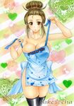  apron artist_name bare_shoulders black_legwear blush breasts brown_eyes brown_hair cleavage eighth_note forehead hair_bun large_breasts marker_(medium) mother_bw2_(pokemon) musical_note naked_apron open_mouth pokemon solo takecha thighhighs traditional_media 