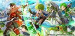  armor arrow axe bow_(weapon) boyd_(fire_emblem) brothers closed_eyes company_name feathers fingerless_gloves fire_emblem fire_emblem:_souen_no_kiseki fire_emblem_cipher gloves green_eyes green_hair headband highres horse leaf male_focus mayo_(becky2006) multiple_boys official_art open_mouth oscar polearm quiver rolf siblings sky spear teeth weapon 