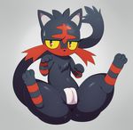  2016 bandage black_fur camel_toe cat cute feline female feral fur hi_res litten looking_at_viewer mammal nintendo pok&eacute;mon pussy_tape red_eyes red_fur simple_background solo spread_legs spreading sssonic2 sweat thick_thighs video_games yellow_sclera 