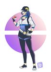  artist_name b-on-d baseball_cap blue_hair deviantart_sample female_protagonist_(pokemon_go) fingerless_gloves full_body gloves hat highres image_sample leggings long_hair orange_eyes poke_ball pokemon pokemon_(game) pokemon_go ponytail solo teeth white_background 