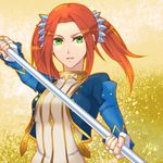  artist_name eleanor_hume fingerless_gloves gloves green_eyes long_hair mzroas open_mouth orange_hair polearm solo spear tales_of_(series) tales_of_berseria twintails weapon 