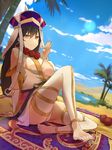  barefoot beach breasts brown_eyes brown_hair cleavage fate/grand_order fate_(series) feet highres hsin large_breasts long_hair looking_at_viewer palm_tree smile solo tree underboob xuanzang_(fate/grand_order) 
