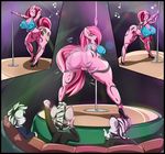  2016 ambiguous_gender anthro anthrofied armpits black_border border bottomless butt clothed clothing dancing ear_piercing earth_pony equine female footwear friendship_is_magic group hair hi_res high_heels horse mammal my_little_pony piercing pink_hair pinkamena_(mlp) pinkie_pie_(mlp) pole pole_dancing pony pussy raised_arm sanders shirt tank_top tattoo zebra 