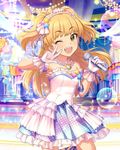  artist_request blonde_hair cinderella_dream fangs frilled_gloves frills gloves green_eyes hair_ornament idolmaster idolmaster_cinderella_girls jewelry jougasaki_rika long_hair microphone necklace official_art one_eye_closed solo sparkle star star_hair_ornament tiara two_side_up v v_over_eye white_gloves 