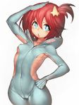  :o blue_eyes bodysuit breasts cameltoe covered_navel covered_nipples fumio_(rsqkr) hair_ornament hairclip hand_on_hip looking_at_viewer luluco red_hair salute short_hair side_ponytail sideboob simple_background small_breasts solo standing uchuu_patrol_luluco white_background wide_hips 