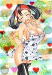  apron artist_name black_hair black_legwear blush breasts chopsticks cleavage closed_eyes eighth_note large_breasts marker_(medium) mole mother_gsc_(pokemon) musical_note naked_apron open_mouth pokemon smile solo takecha thighhighs traditional_media 