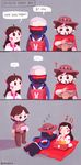  1girl 2boys :3 :o =_= ? absurdres artist_name bad_id bad_twitter_id beamed_eighth_notes beard belt bowl brown_eyes brown_hair cape cape_removed chibi chopsticks cigar comic commentary cowboy_hat d.va_(overwatch) eating eighth_note face_mask facial_hair facial_mark food gloves grey_background hat hat_removed headphones headwear_removed highres holding jacket korean lighter long_hair looking_at_another lying mask mccree_(overwatch) multiple_boys musical_note neckerchief ninecoin_9 noodles on_back overwatch puffy_cheeks school_uniform serafuku short_hair simple_background sleeping soldier:_76_(overwatch) speech_bubble spoken_ellipsis translated twitter_username visor whisker_markings zzz 