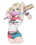  baseball_bat batman_(series) blonde_hair blue_eyes blue_hair breasts bubblegum dc_comics harley_quinn makeup multicolored_hair short solo suicide_squad twintails weapon 