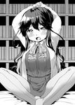  arm_up bookshelf breasts danbo_(rock_clime) dress greyscale highres indian_style jacket kantai_collection large_breasts long_hair looking_at_viewer monochrome naganami_(kantai_collection) no_shoes open_mouth pantyhose sitting solo 