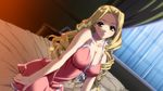  1girl :o bed blonde_hair breasts brown_eyes cleavage dress erect_nipples game_cg honnou_yukari ino izayoi_no_hanayome large_breasts long_hair looking_at_viewer nipples solo yellow_eyes 