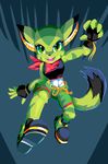 2016 anthro breasts carol_tea clothed clothing feline female fingerless_gloves freedom_planet freedom_planet_2 fur gloves goshaag green_eyes green_fur mammal midriff open_mouth scarf shorts solo video_games wildcat 