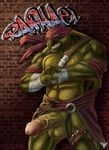  2016 abs anthro balls biceps big_muscles clothed clothing digital_media_(artwork) erection hi_res jakensitou male muscular muscular_male nude penis raphael reptile scalie simple_background smile solo teenage_mutant_ninja_turtles teeth turtle 