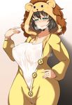  alternate_skin_color bangs breasts brown_hair cleavage cowboy_shot girls_und_panzer green_eyes hand_on_hip hoshino_(girls_und_panzer) large_breasts leopon_(animal) long_sleeves mascot_costume pandain parted_lips shirt short_hair solo standing sweat unbuttoned wet wet_clothes wet_shirt white_shirt white_skin 