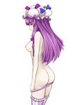  absurdres ass blush breasts closed_mouth cowboy_shot crescent crescent_hair_ornament hair_ornament hat hat_ribbon highres long_hair looking_at_viewer medium_breasts mob_cap nipples open_eyes pan-ooh panties panty_pull patchouli_knowledge purple_eyes purple_hair purple_ribbon red_ribbon ribbon simple_background solo striped striped_legwear thighhighs topless touhou underwear underwear_only undressing white_background 
