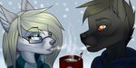  anthro breath candy candy_cane canine clothed clothing duo eyewear female food glasses hot_chocolate khaleesi male mammal open_mouth smile snow 