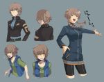  1girl amane_suzuha belt bike_shorts blue_background blush braid breasts brown_hair cowboy_shot green_eyes hair_rings hand_on_hip hood hoodie hoodie_vest jacket medium_breasts minami_(mnm_fam) multiple_views open_mouth shirt short_hair short_hair_with_long_locks simple_background smile steins;gate steins;gate_0 sweatdrop track_jacket turtleneck twin_braids upper_body vest 