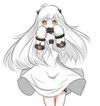  ahoge blush collar covered_mouth cowboy_shot dress gloves highres horns jpeg_artifacts kantai_collection long_hair looking_at_viewer northern_ocean_hime pale_skin pan-ooh red_eyes simple_background solo thigh_gap thigh_strap thighs very_long_hair white_background white_dress white_gloves white_hair white_skin 