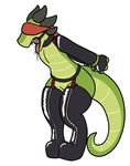  2016 aliasing anthro bdsm blindfold bondage bound clothed clothing digital_media_(artwork) drooling gag horn kobold legwear open_mouth reptile ring_gag saliva scalie simple_background solo teeth thigh_highs tongue topless trout_(artist) 