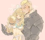  1girl alcohol armor beard beer beer_mug benoit_(fire_emblem_if) blonde_hair blush bow breasts charlotte_(fire_emblem_if) cleavage closed_eyes cup facial_hair fire_emblem fire_emblem_if gloves hair_bow heart hetero holding holding_cup large_breasts long_hair midriff pink_background scar short_hair shourou_kanna smile white_bow 