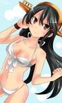  alternate_costume bare_shoulders bikini black_hair breasts cleavage collarbone commentary_request front-tie_bikini front-tie_top hairband haruna_(kantai_collection) headgear hebitsukai-san highres kantai_collection long_hair looking_at_viewer medium_breasts navel red_eyes solo swimsuit white_bikini 