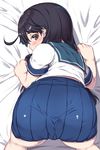  all_fours ass black_hair blush brown_eyes clenched_hands danbo_(rock_clime) highres kantai_collection looking_back on_bed school_uniform serafuku skirt solo ushio_(kantai_collection) 