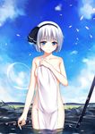  bangs black_ribbon blue_eyes blue_sky blunt_bangs blush breasts cherry_blossoms cloud collarbone covering day flan_(seeyouflan) floral_print frown hair_ribbon highres katana ke-ta_(style) konpaku_youmu konpaku_youmu_(ghost) looking_at_viewer medium_breasts nude nude_cover outdoors parody ribbon sheath sheathed short_hair silver_hair skinny_dipping sky solo standing style_parody sword touhou towel wading water weapon 