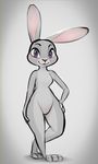  blush disney female grey_background hand_on_hip judy_hopps looking_at_viewer pcred566 simple_background solo standing zootopia 